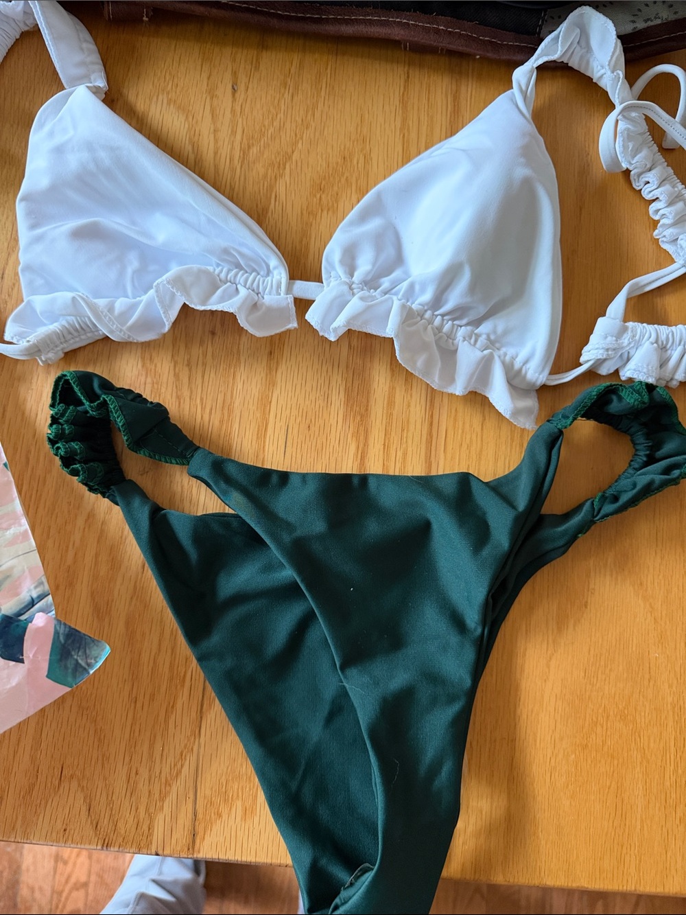 SHEIN White Ruffle Triangle Top & Dark Green Scrunch Bikini Bottom